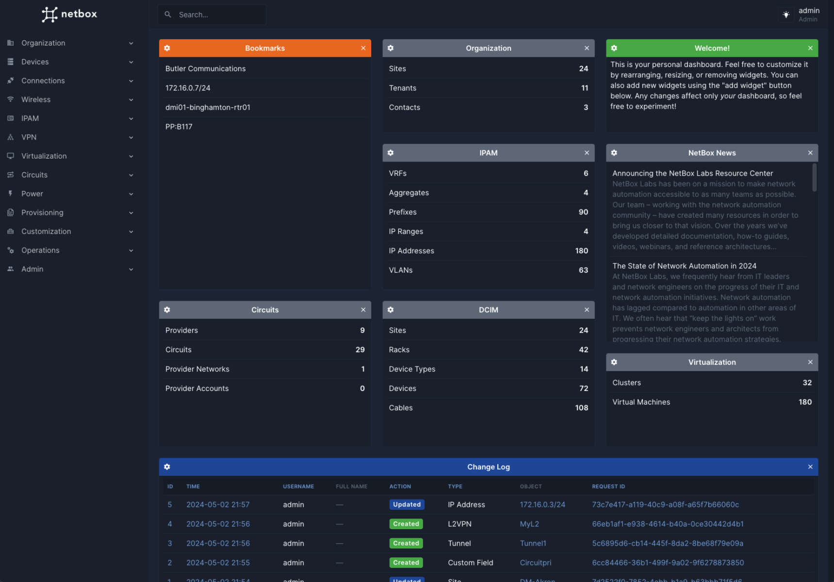 NetBox dashboard (dark mode)