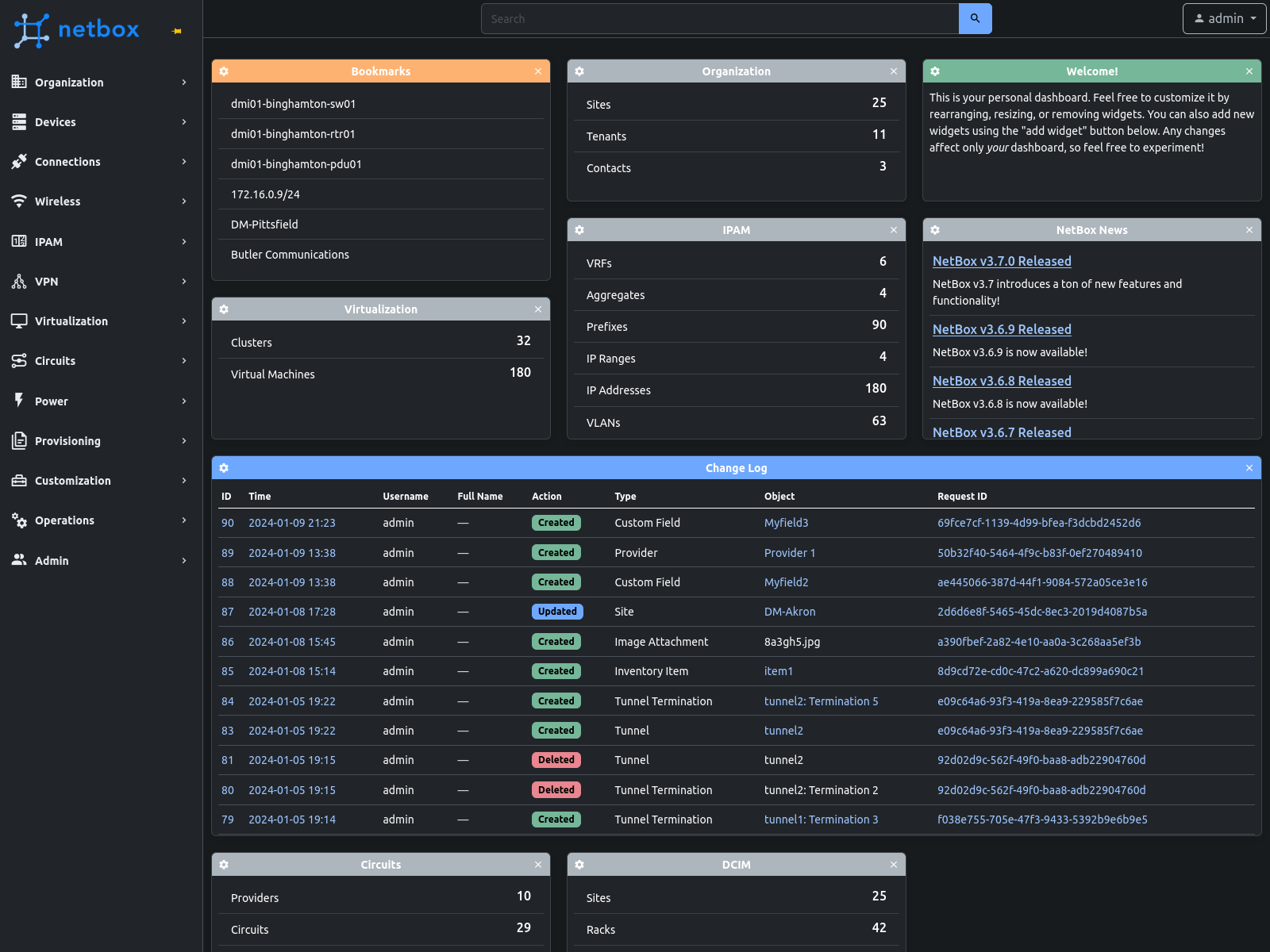 NetBox dashboard (dark mode)