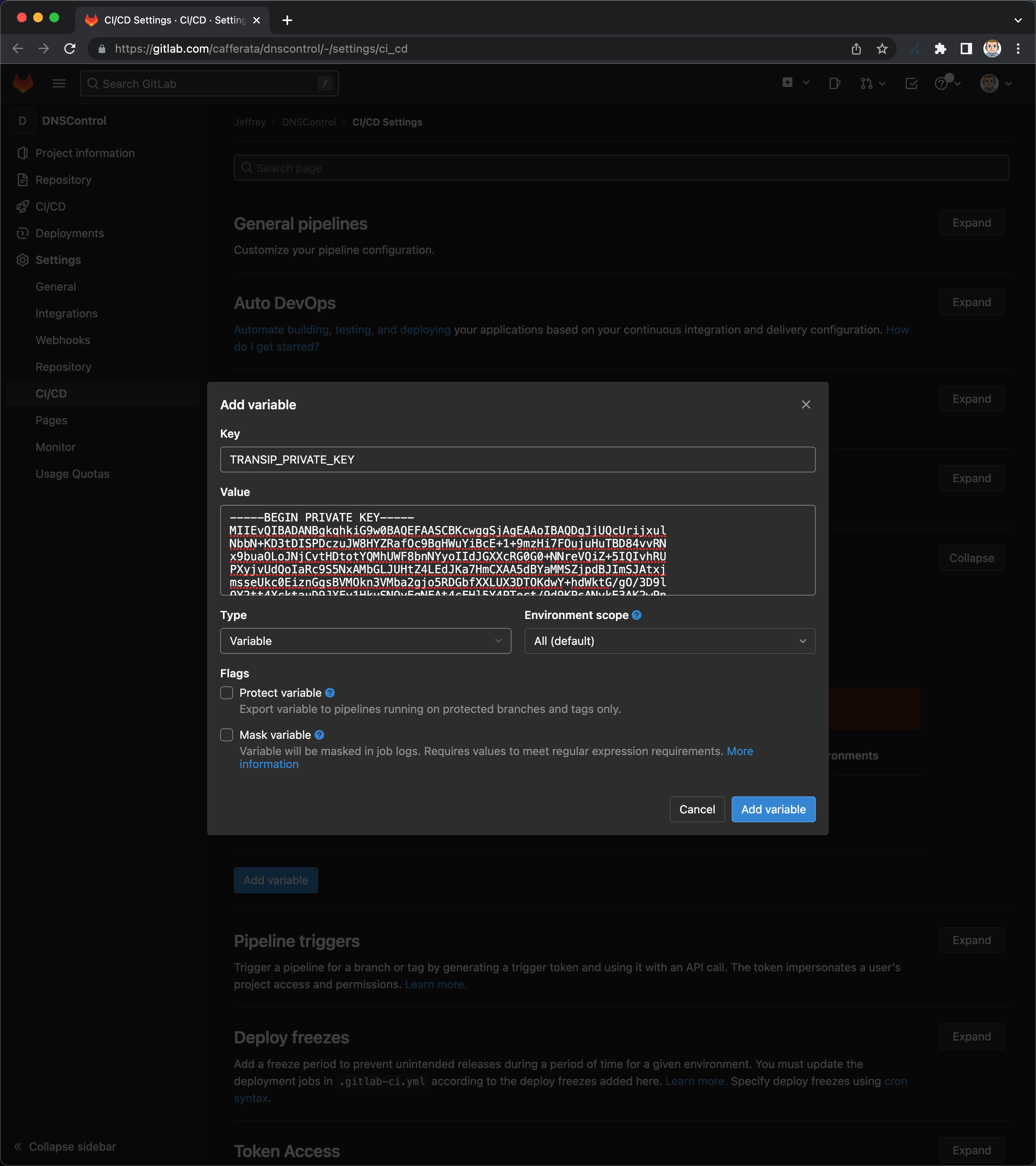 Insert Gitlab CI/CD variable TRANSIP_PRIVATE_KEY